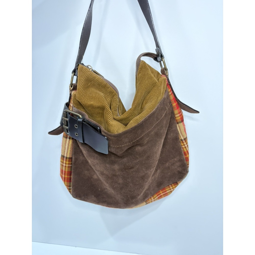 Harold's Y2K  VNTG Suede Corduroy Plaid Wide Leather Black Belt Shoulder Bag